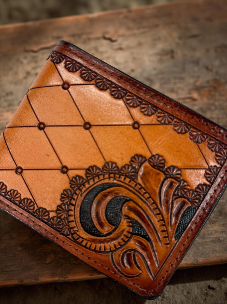 Hand-Tooled Diamond & Scroll Bifold Leather Wallet