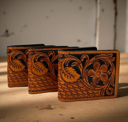 Hand-Tooled Floral Bifold Leather Wallet