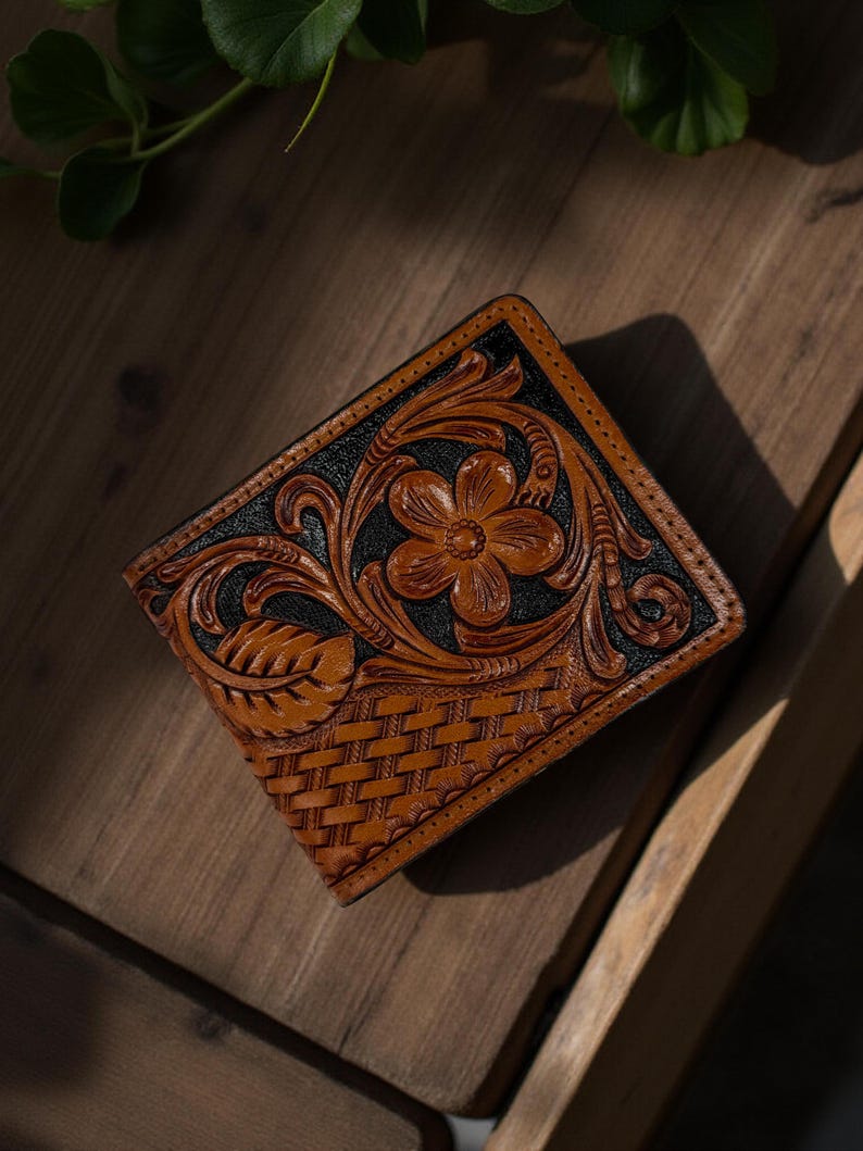Hand-Tooled Floral Bifold Leather Wallet