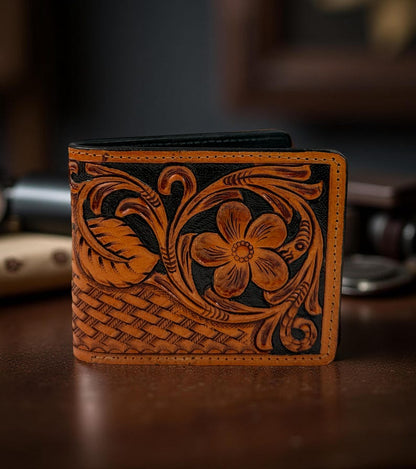 Hand-Tooled Floral Bifold Leather Wallet