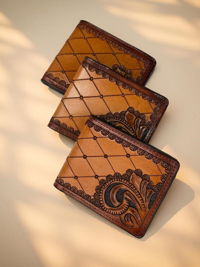 Hand-Tooled Diamond & Scroll Bifold Leather Wallet