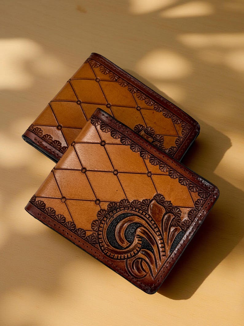 Hand-Tooled Diamond & Scroll Bifold Leather Wallet