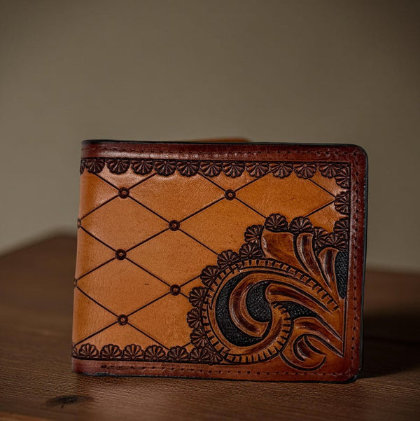 Hand-Tooled Diamond & Scroll Bifold Leather Wallet