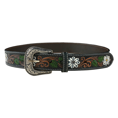 Hand-Tooled Floral Leather Belt with Silver Buckle