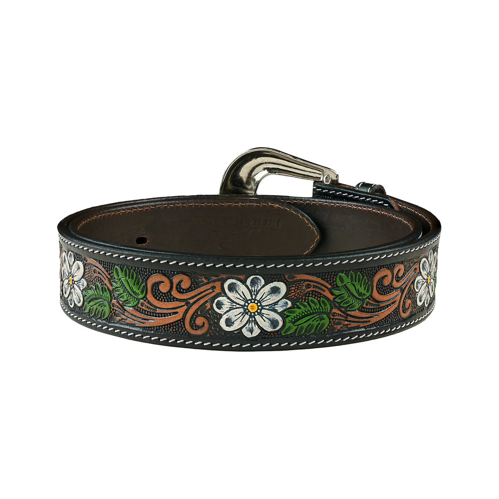 Hand-Tooled Floral Leather Belt with Silver Buckle