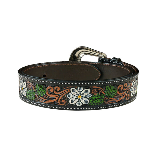 Hand-Tooled Floral Leather Belt with Silver Buckle