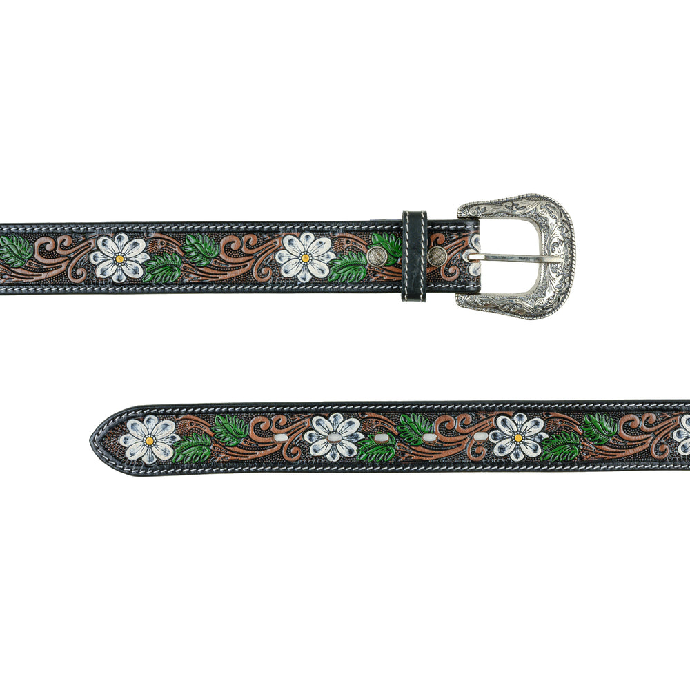 Hand-Tooled Floral Leather Belt with Silver Buckle