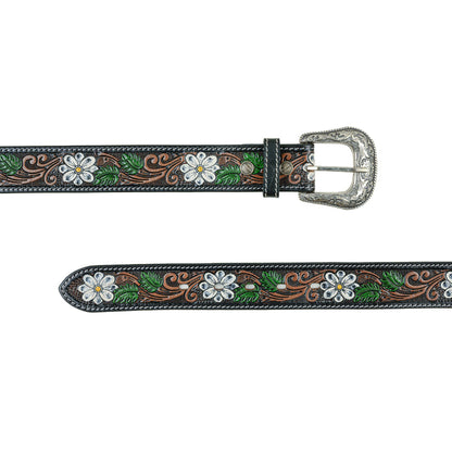 Hand-Tooled Floral Leather Belt with Silver Buckle