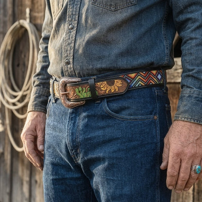 Aztec Pattern Leather Belt - Handcrafted Western Style with Decorative Detailing