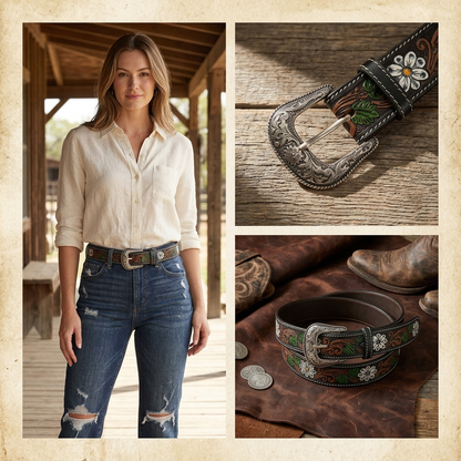 Hand-Tooled Floral Leather Belt with Silver Buckle